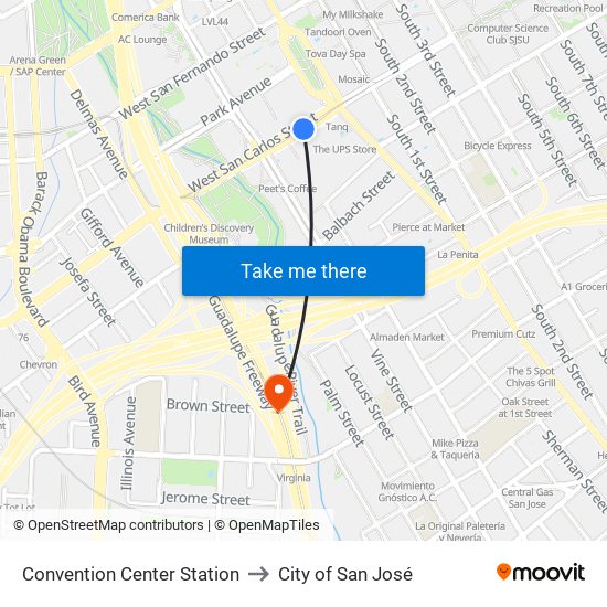 Convention Center Station to City of San José map