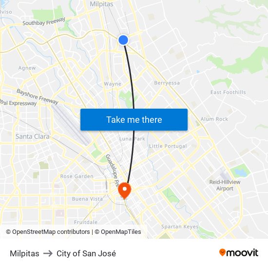 Milpitas to City of San José map