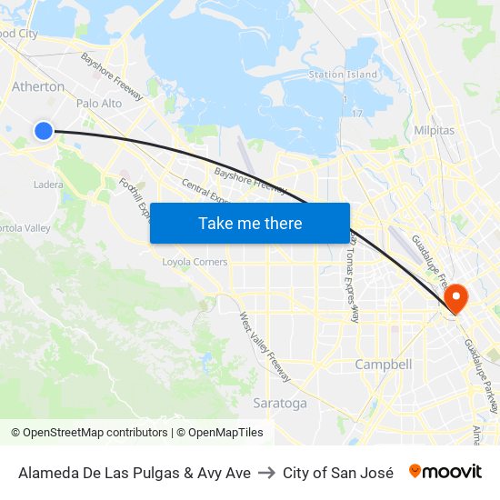 Alameda De Las Pulgas & Avy Ave to City of San José map