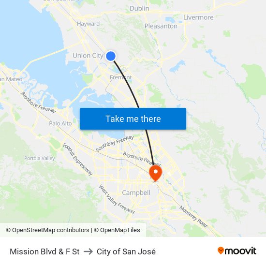Mission Blvd & F St to City of San José map