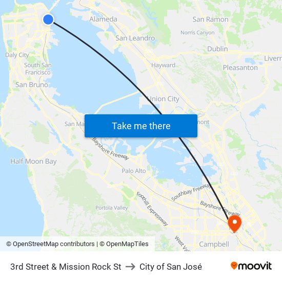 3rd Street & Mission Rock St to City of San José map