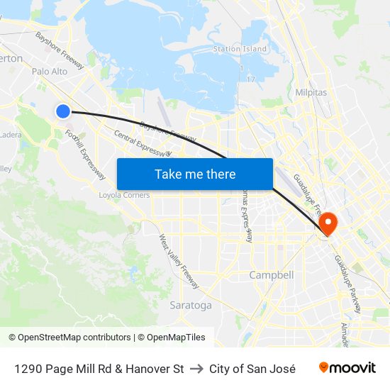 1290 Page Mill Rd & Hanover St to City of San José map