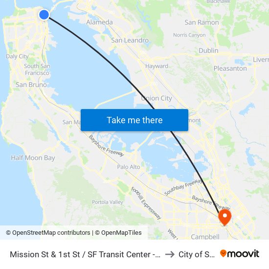 Mission St & 1st St / SF Transit Center - BART Shuttle Connection to City of San José map