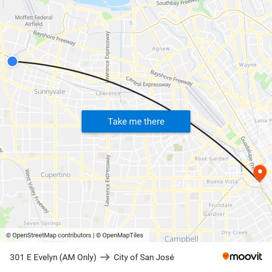 301 E Evelyn (AM Only) to City of San José map
