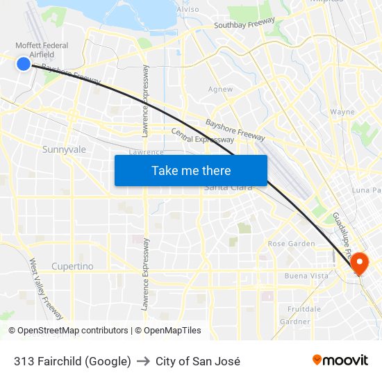 313 Fairchild (Google) to City of San José map