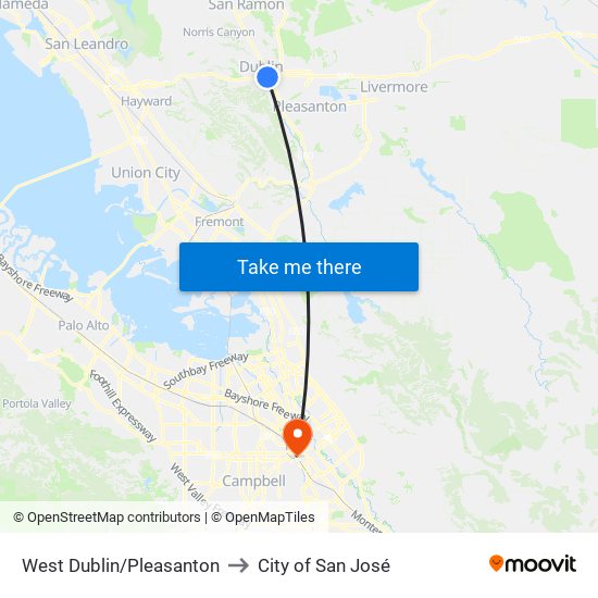 West Dublin/Pleasanton to City of San José map