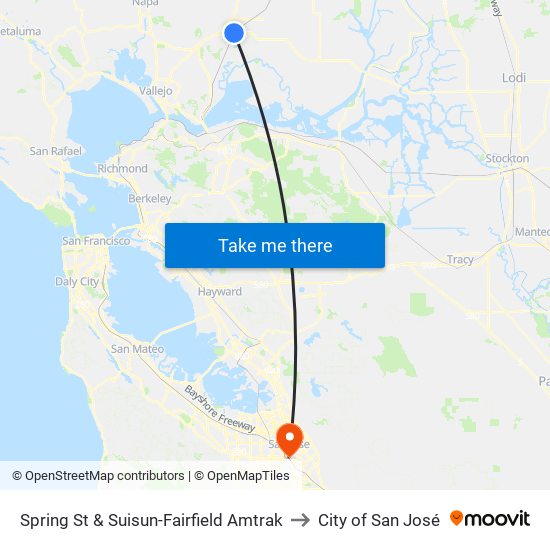 Spring St & Suisun-Fairfield Amtrak to City of San José map