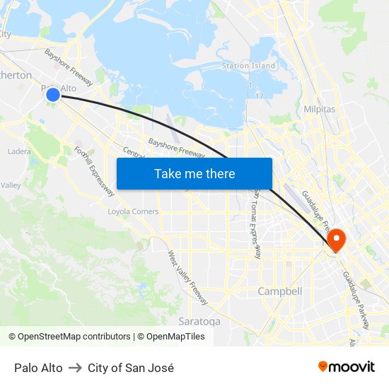 Palo Alto to City of San José map