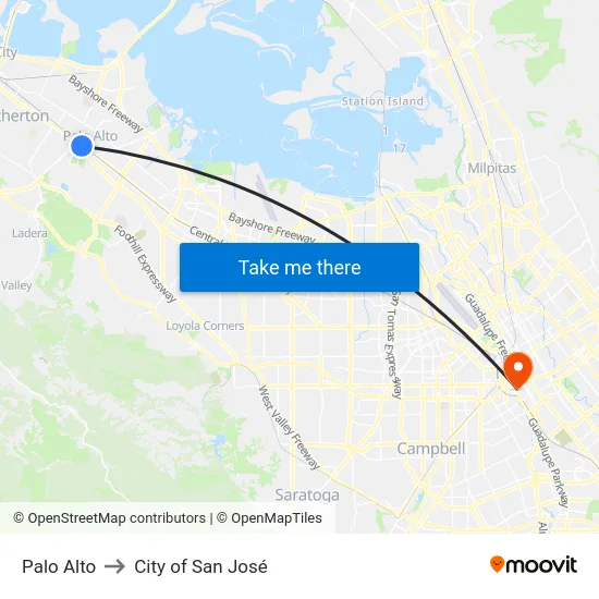 Palo Alto to City of San José map