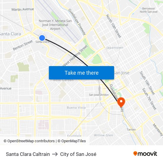 Santa Clara Caltrain to City of San José map