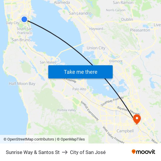 Sunrise Way & Santos St to City of San José map