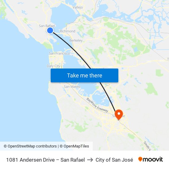 1081 Andersen Drive – San Rafael to City of San José map