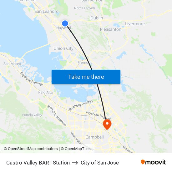 Castro Valley BART Station to City of San José map