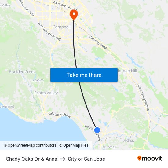 Shady Oaks Dr & Anna to City of San José map