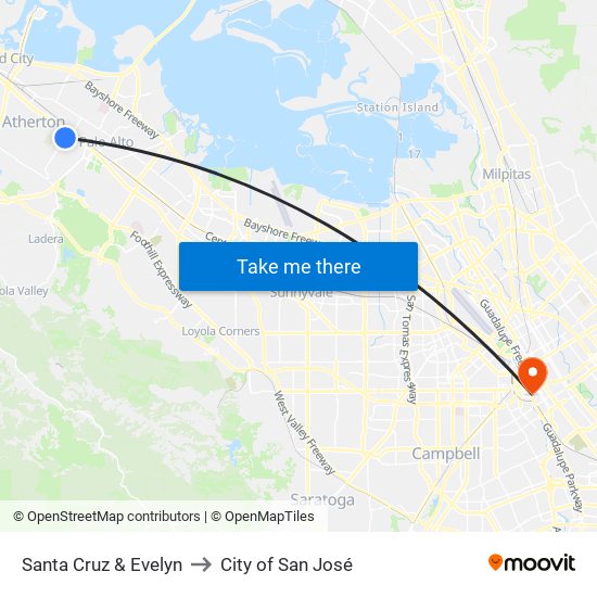 Santa Cruz & Evelyn to City of San José map