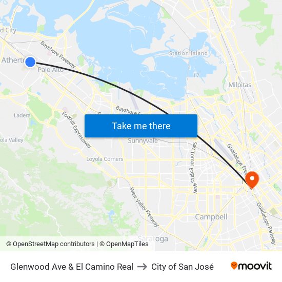 Glenwood Ave & El Camino Real to City of San José map