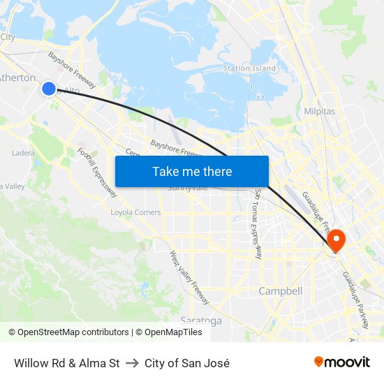 Willow Rd & Alma St to City of San José map