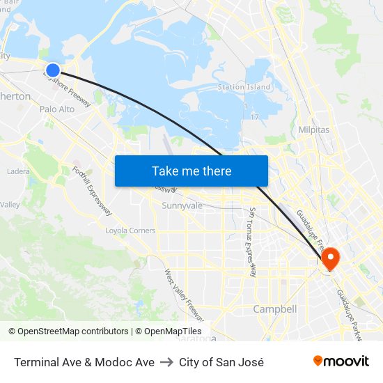 Terminal Ave & Modoc Ave to City of San José map