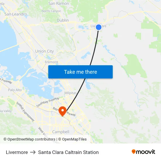 Livermore to Santa Clara Caltrain Station map