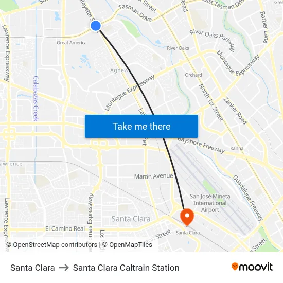 Santa Clara to Santa Clara Caltrain Station map