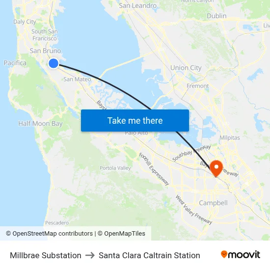 Millbrae Substation to Santa Clara Caltrain Station map