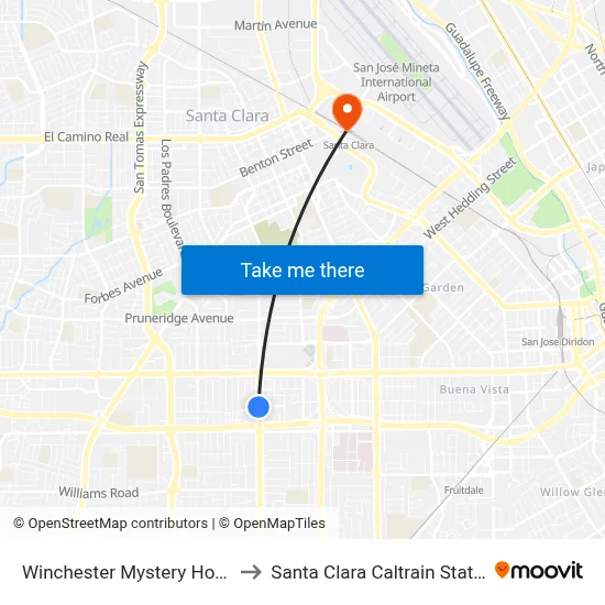 Winchester Mystery House to Santa Clara Caltrain Station map