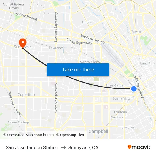 San Jose Diridon Station to Sunnyvale, CA map