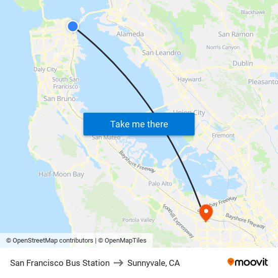 San Francisco Bus Station to Sunnyvale, CA map