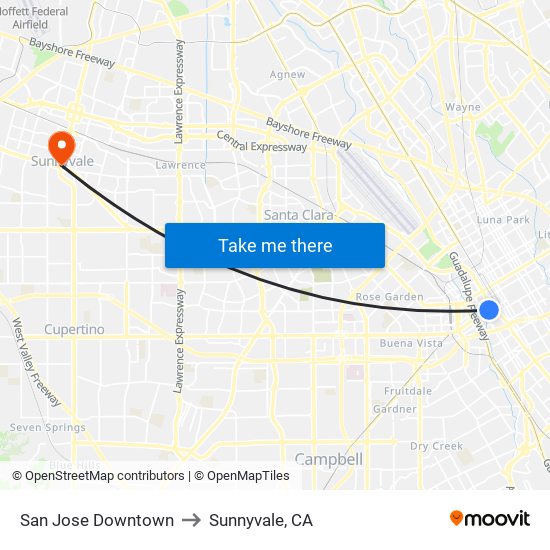 San Jose Downtown to Sunnyvale, CA map