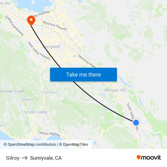 Gilroy to Sunnyvale, CA map
