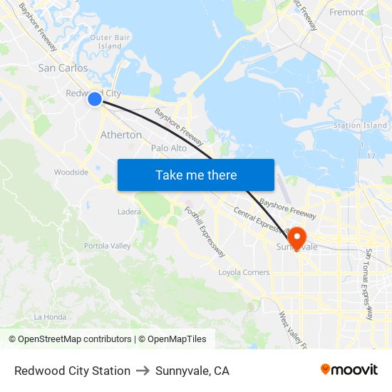 Redwood City Station to Sunnyvale, CA map