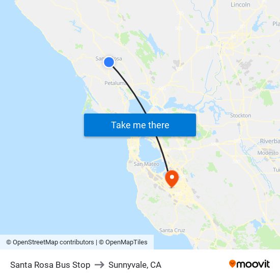 Santa Rosa Bus Stop to Sunnyvale, CA map