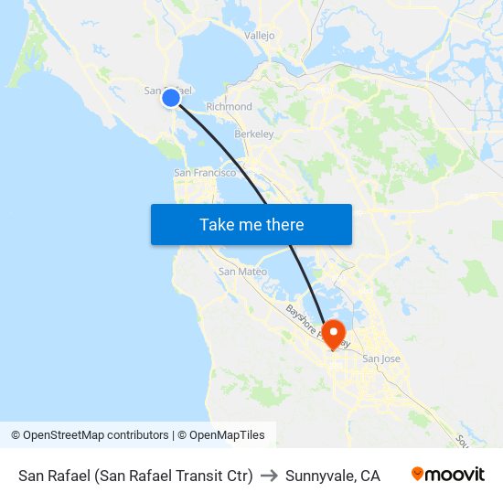 San Rafael (San Rafael Transit Ctr) to Sunnyvale, CA map