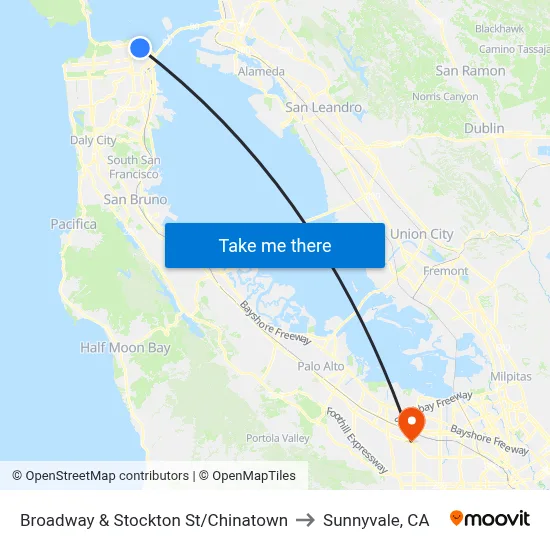 Broadway & Stockton St/Chinatown to Sunnyvale, CA map