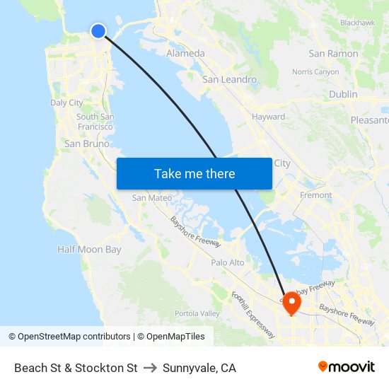 Beach St & Stockton St to Sunnyvale, CA map