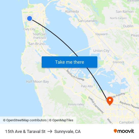 15th Ave & Taraval St to Sunnyvale, CA map
