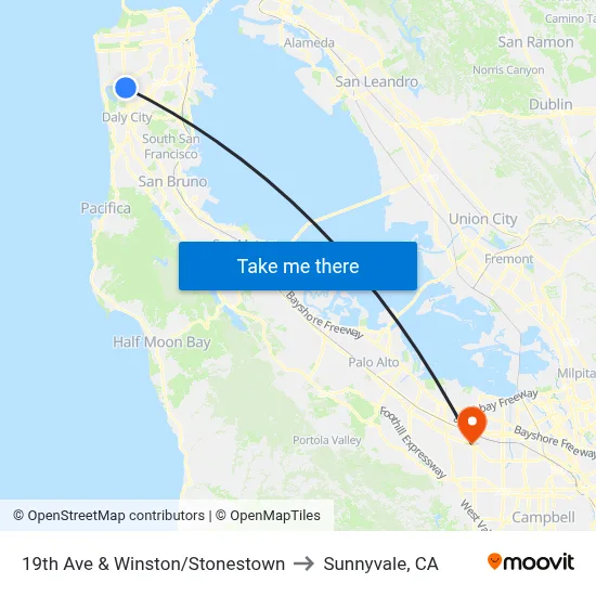 19th Ave & Winston/Stonestown to Sunnyvale, CA map