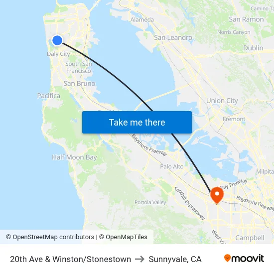 20th Ave & Winston/Stonestown to Sunnyvale, CA map