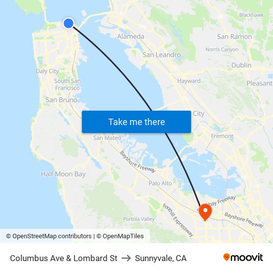 Columbus Ave & Lombard St to Sunnyvale, CA map