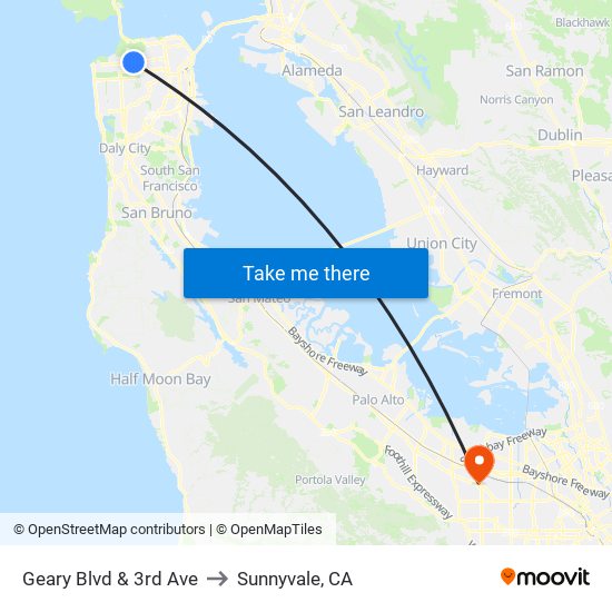 Geary Blvd & 3rd Ave to Sunnyvale, CA map