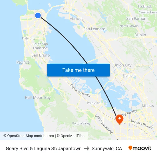 Geary Blvd & Laguna St/Japantown to Sunnyvale, CA map