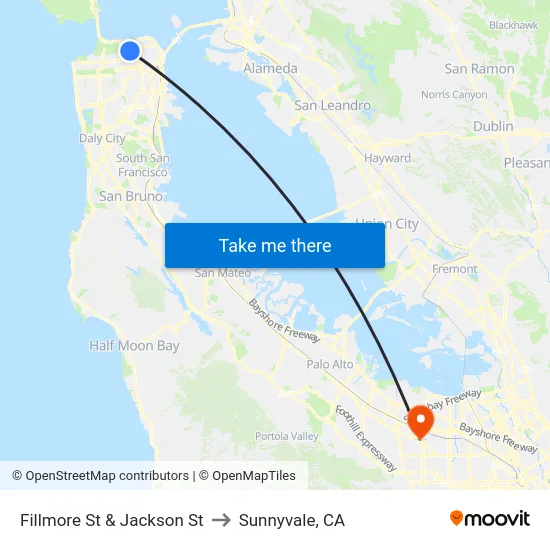 Fillmore St & Jackson St to Sunnyvale, CA map