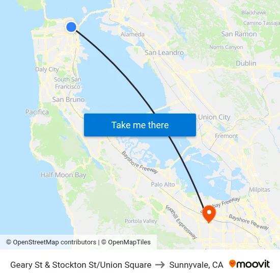 Geary St & Stockton St/Union Square to Sunnyvale, CA map