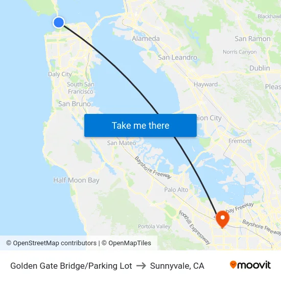 Golden Gate Bridge/Parking Lot to Sunnyvale, CA map