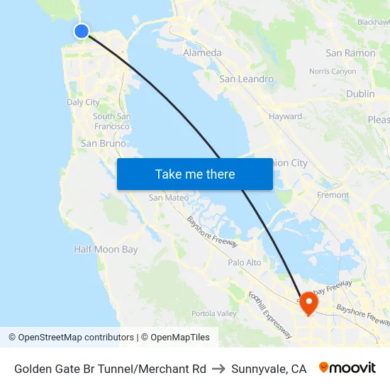 Golden Gate Br Tunnel/Merchant Rd to Sunnyvale, CA map