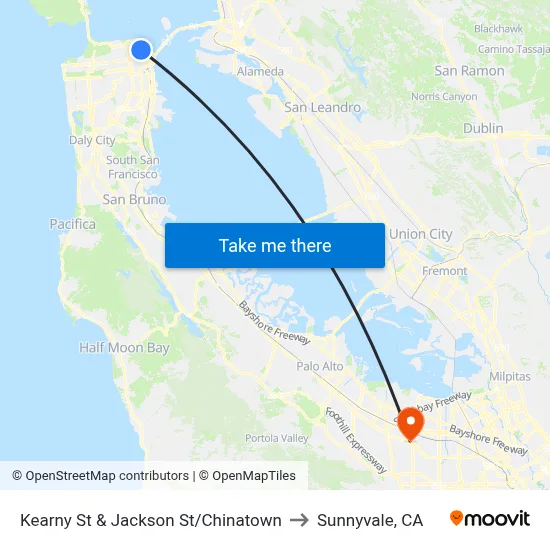 Kearny St & Jackson St/Chinatown to Sunnyvale, CA map