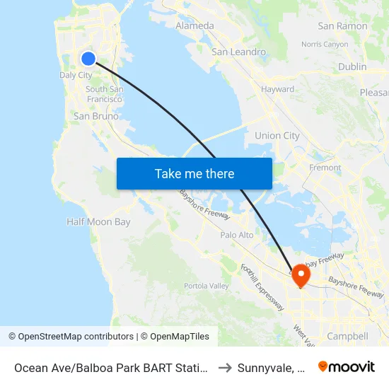 Ocean Ave/Balboa Park BART Station to Sunnyvale, CA map