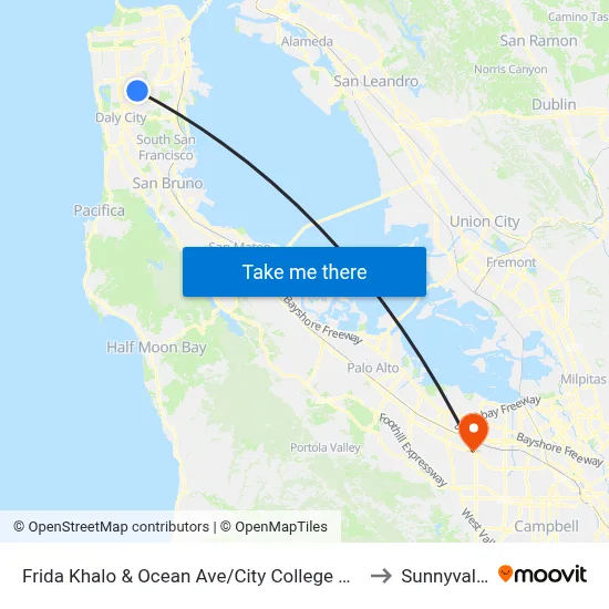 Frida Khalo & Ocean Ave/City College Welcome Center to Sunnyvale, CA map