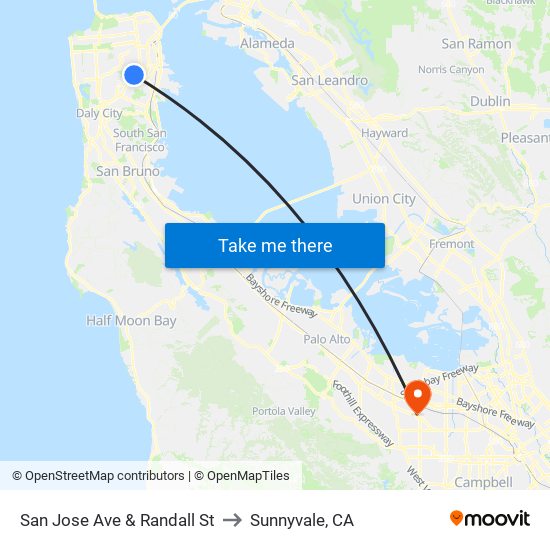 San Jose Ave & Randall St to Sunnyvale, CA map