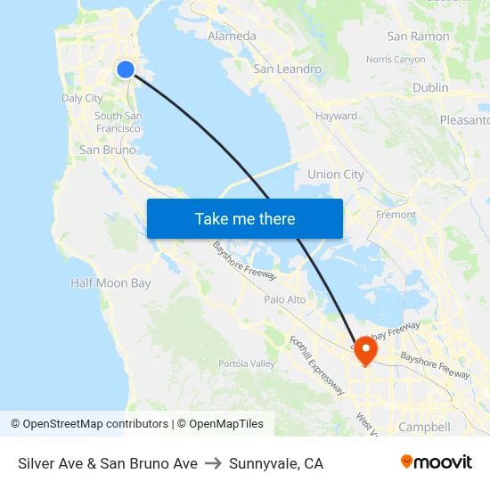 Silver Ave & San Bruno Ave to Sunnyvale, CA map